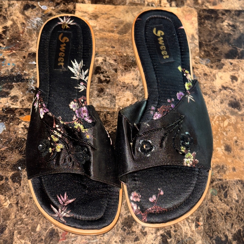 Floral Embroidered Beaded Black Satin Sandals Slip On Mule Shoes Feminine 40/8.5